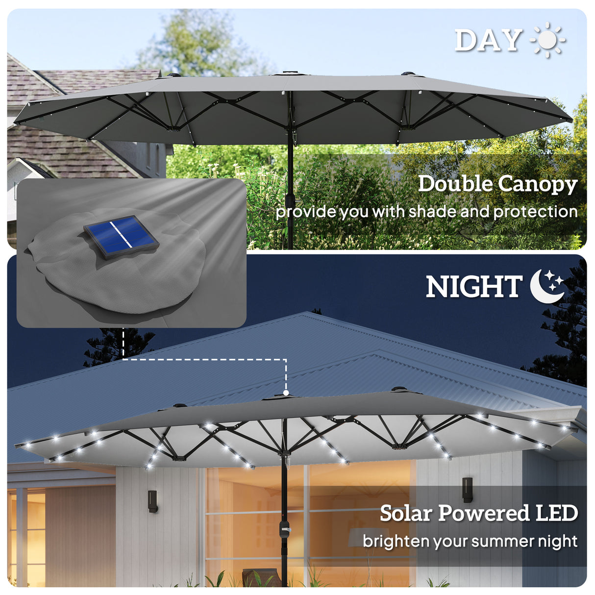 Polyester Double Sided Parasol Umbrella With LED Solar Light 440cm Width x 256cm Depth - Velmora