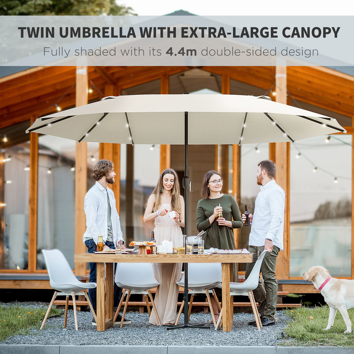 Polyester Double Sided Parasol Umbrella With LED Solar Light 440cm Width x 256cm Depth - Velmora