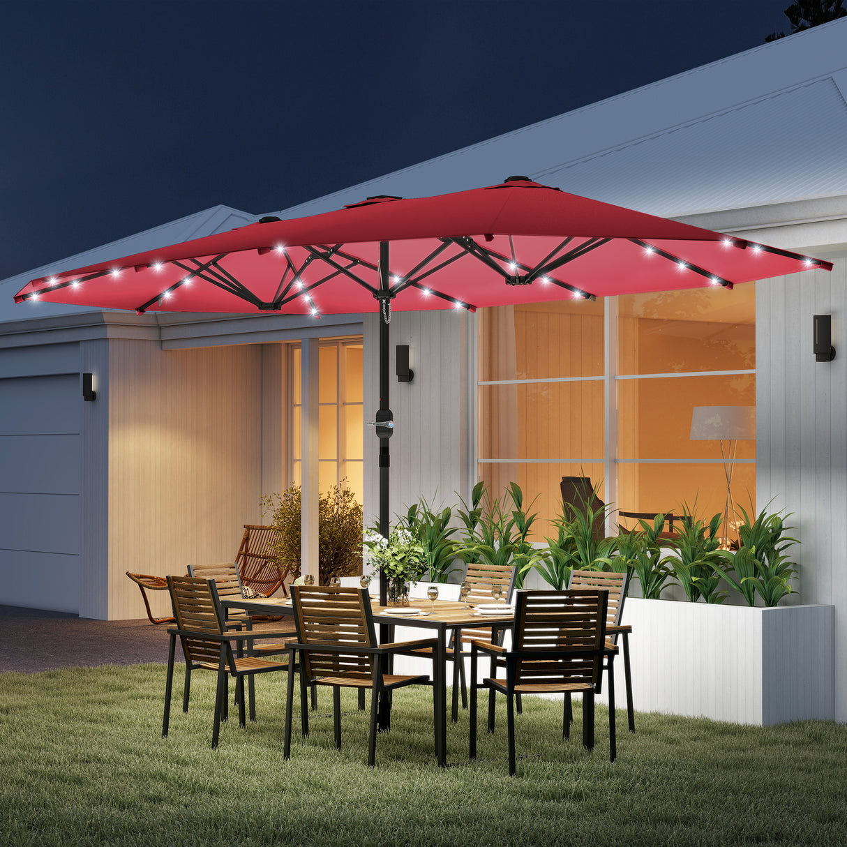 Polyester Double Sided Parasol Umbrella With LED Solar Light 440cm Width x 256cm Depth - Velmora