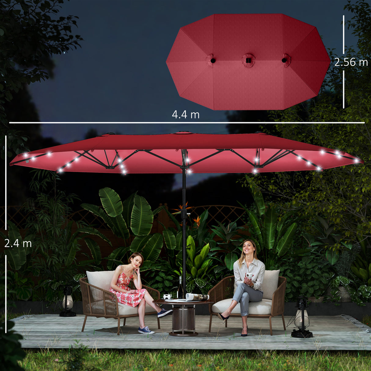 Polyester Double Sided Parasol Umbrella With LED Solar Light 440cm Width x 256cm Depth - Velmora
