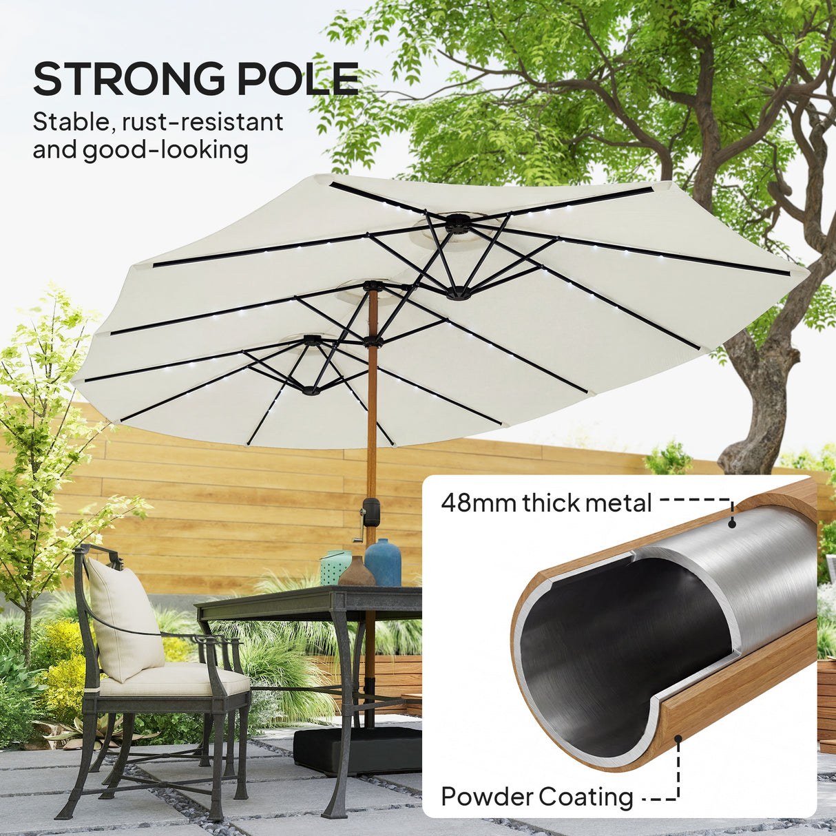 Polyester Double Sided Parasol Umbrella With LED Solar Light And Base 459cm Width x 266cm Depth - Velmora
