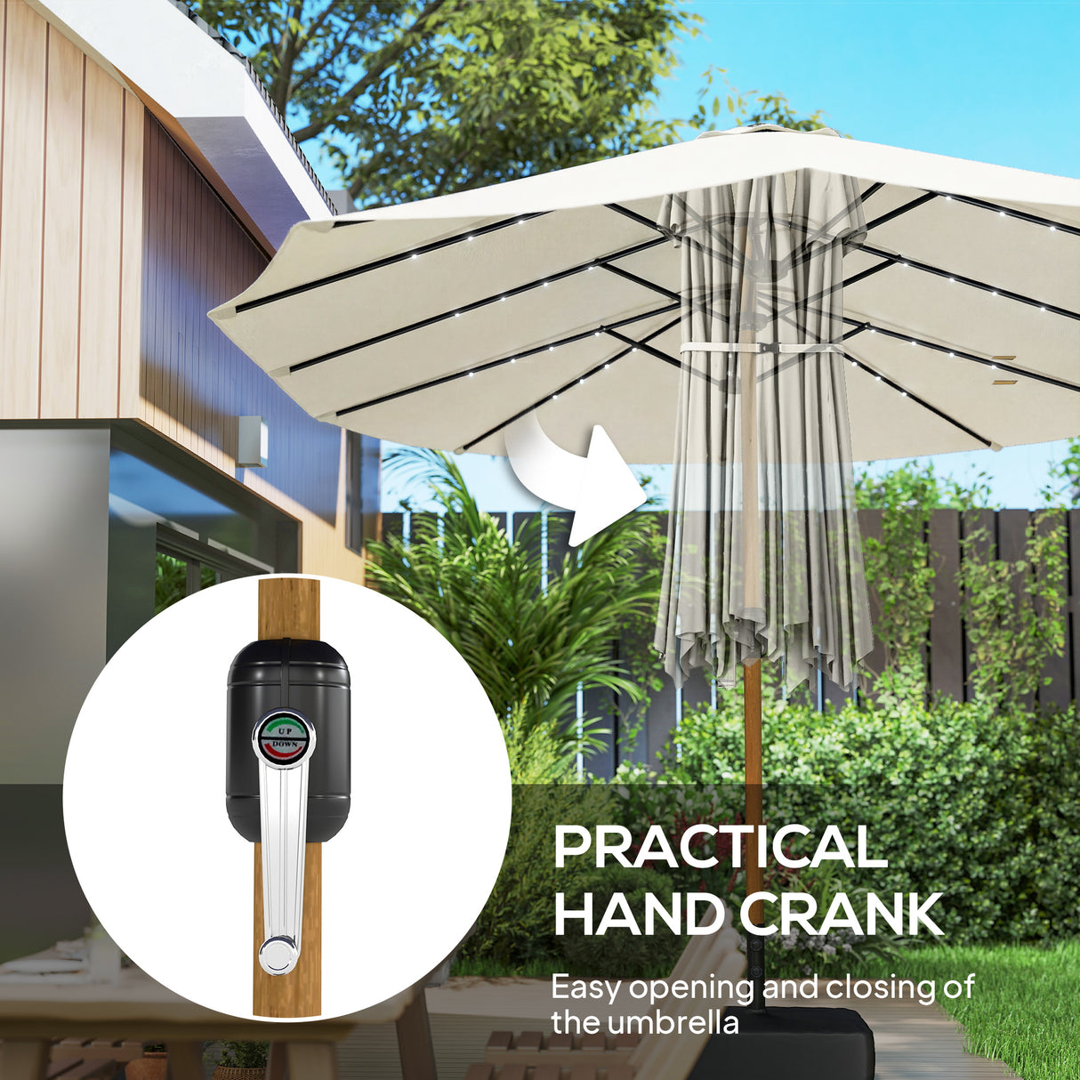 Polyester Double Sided Parasol Umbrella With LED Solar Light And Base 459cm Width x 266cm Depth - Velmora