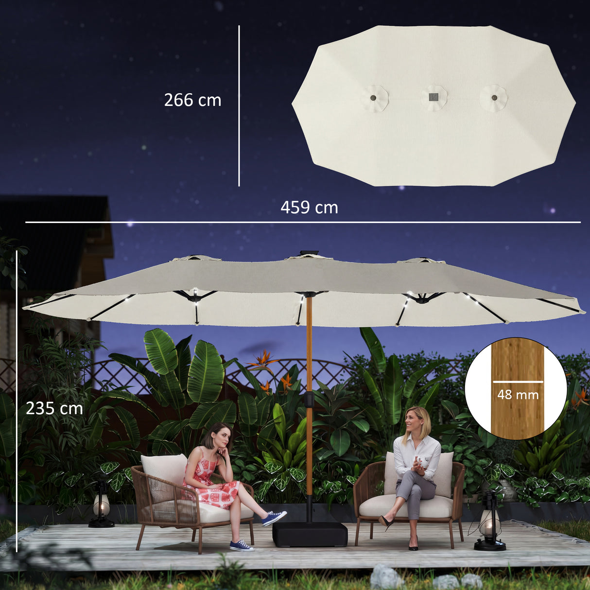 Polyester Double Sided Parasol Umbrella With LED Solar Light And Base 459cm Width x 266cm Depth - Velmora