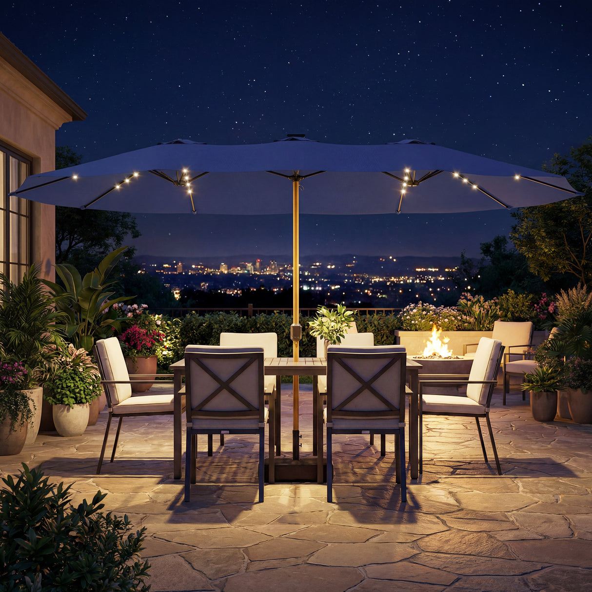 Polyester Double Sided Parasol Umbrella With LED Solar Light And Base 459cm Width x 266cm Depth - Velmora