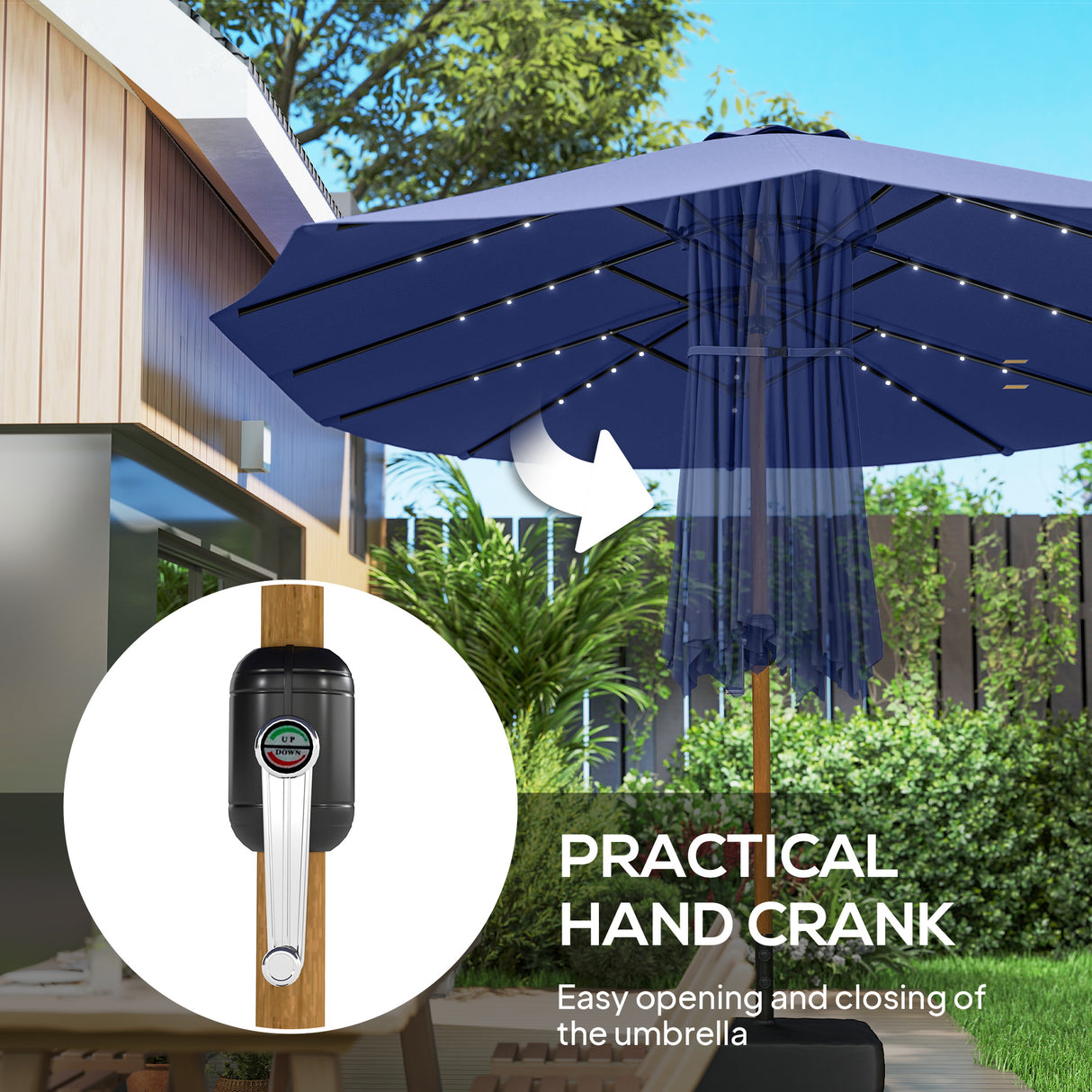 Polyester Double Sided Parasol Umbrella With LED Solar Light And Base 459cm Width x 266cm Depth - Velmora