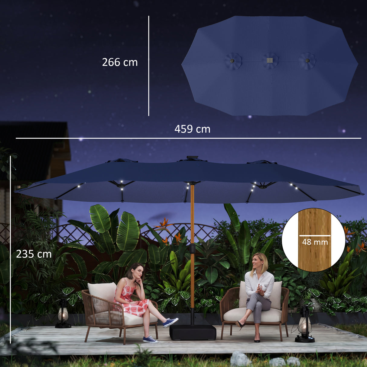 Polyester Double Sided Parasol Umbrella With LED Solar Light And Base 459cm Width x 266cm Depth - Velmora