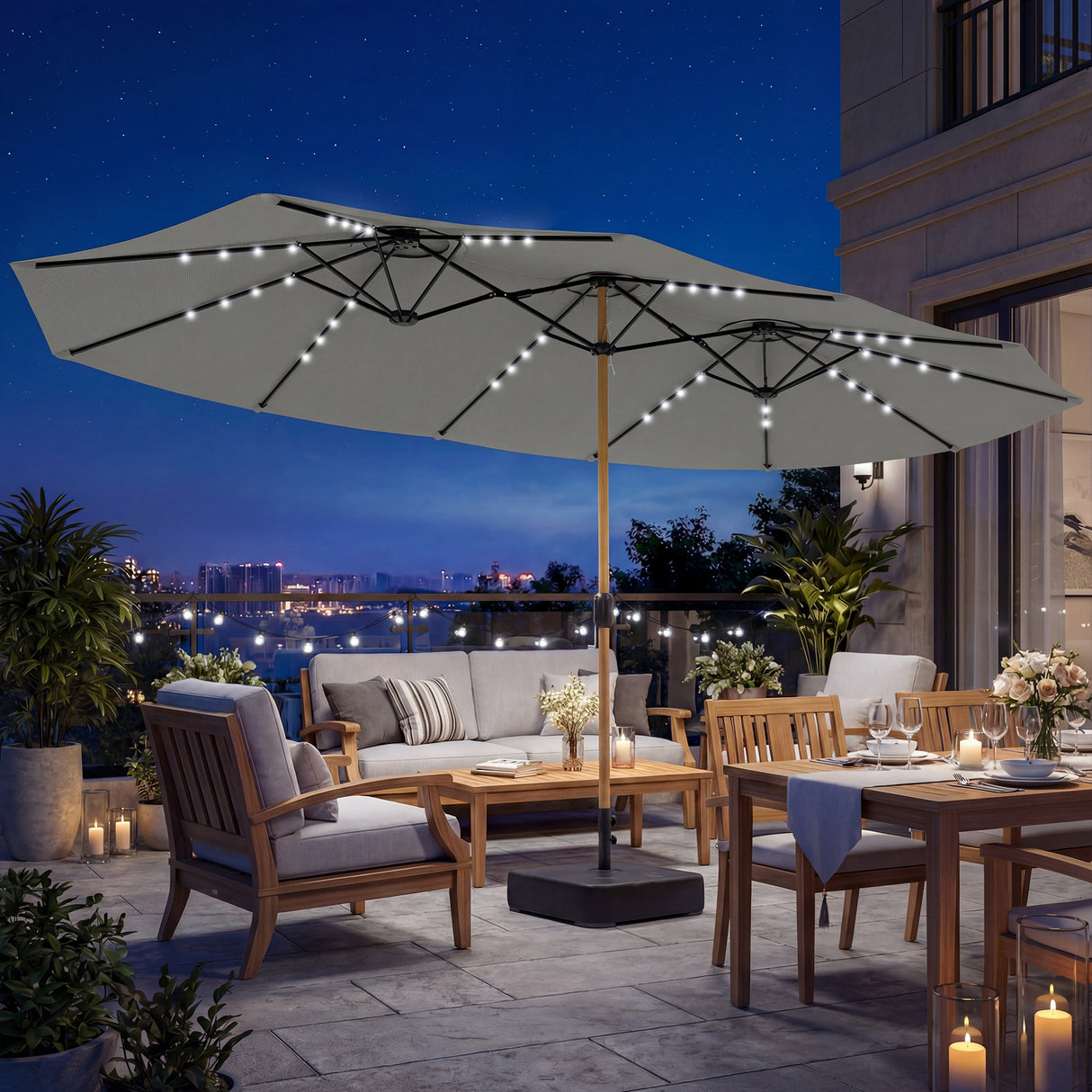 Polyester Double Sided Parasol Umbrella With LED Solar Light And Base 459cm Width x 266cm Depth - Velmora