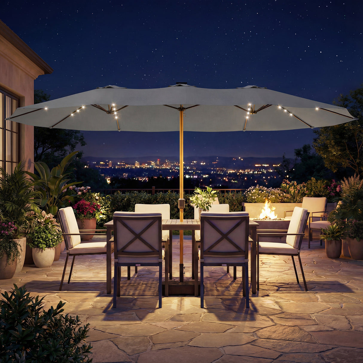 Polyester Double Sided Parasol Umbrella With LED Solar Light And Base 459cm Width x 266cm Depth - Velmora