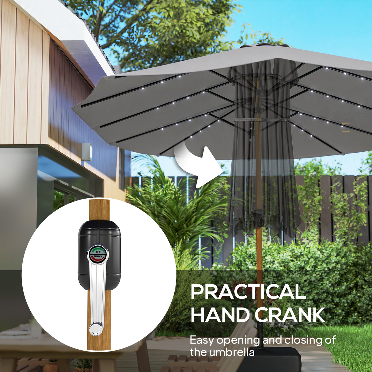 Polyester Double Sided Parasol Umbrella With LED Solar Light And Base 459cm Width x 266cm Depth - Velmora