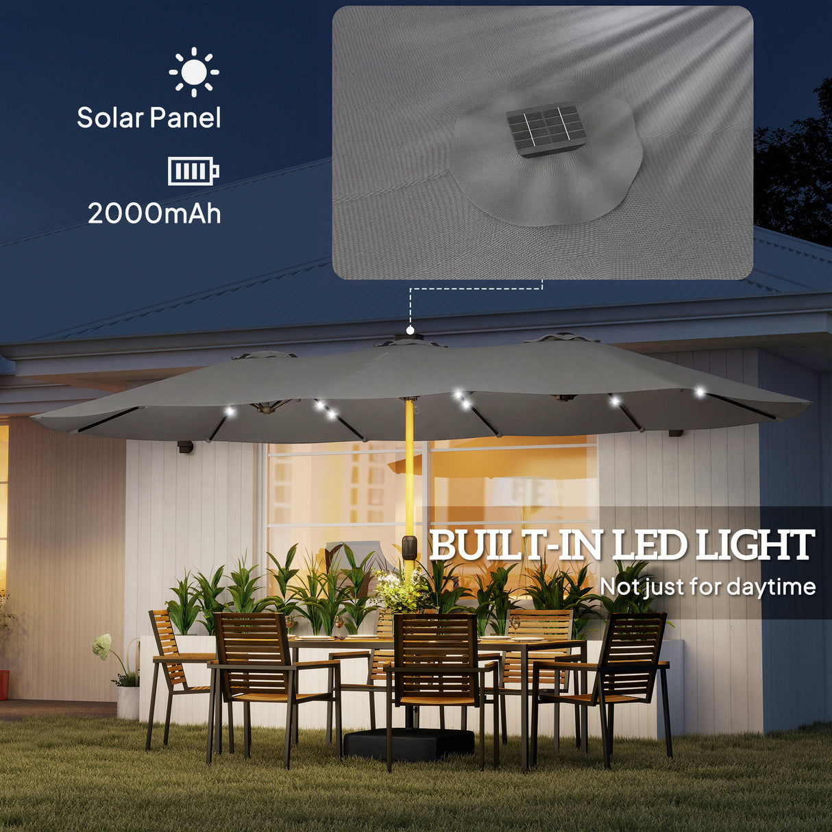 Polyester Double Sided Parasol Umbrella With LED Solar Light And Base 459cm Width x 266cm Depth - Velmora