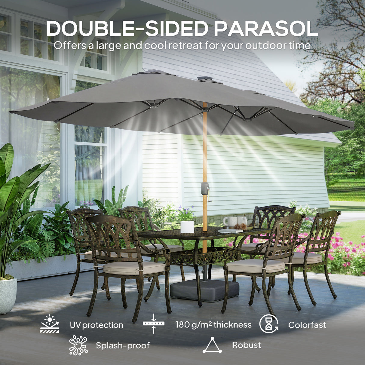 Polyester Double Sided Parasol Umbrella With LED Solar Light And Base 459cm Width x 266cm Depth - Velmora