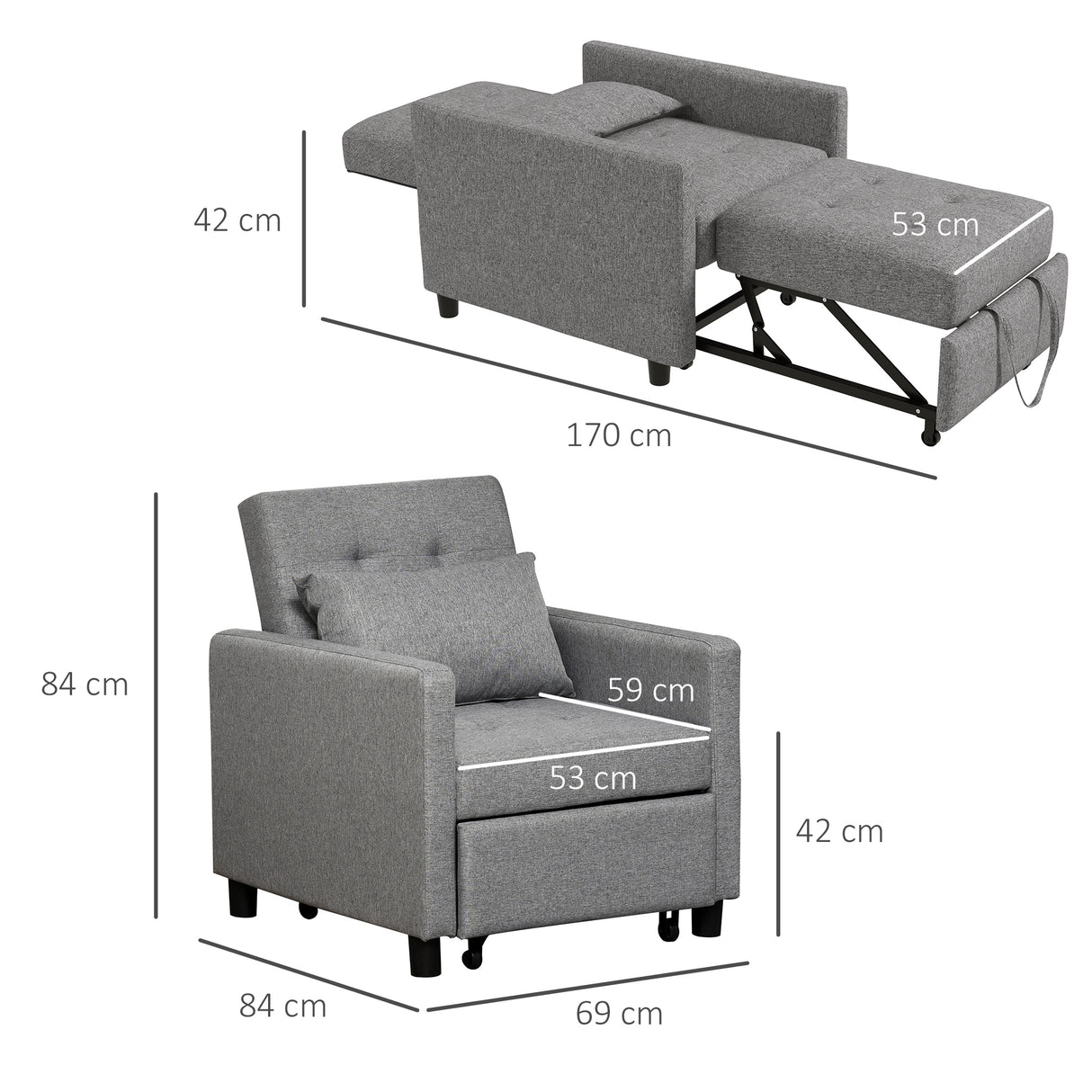 Polyester Fabric 1 Seater Sofa Bed 69cm Wide With 1 Pillow - Velmora