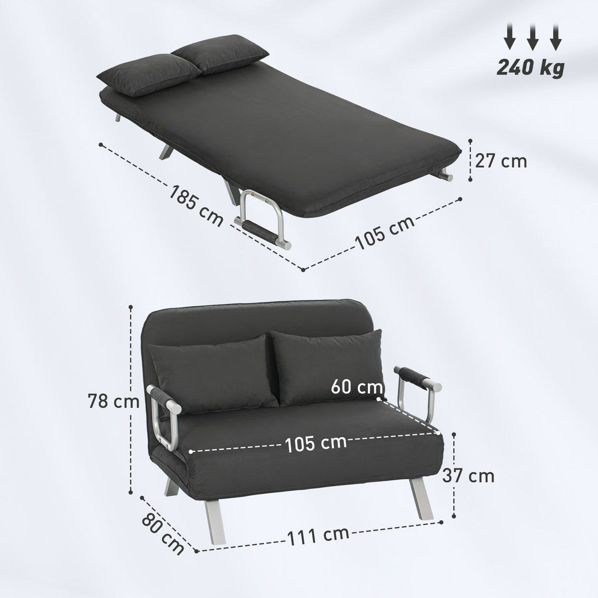 Polyester Fabric 2 Seater Sofa Bed 111cm Wide - Velmora