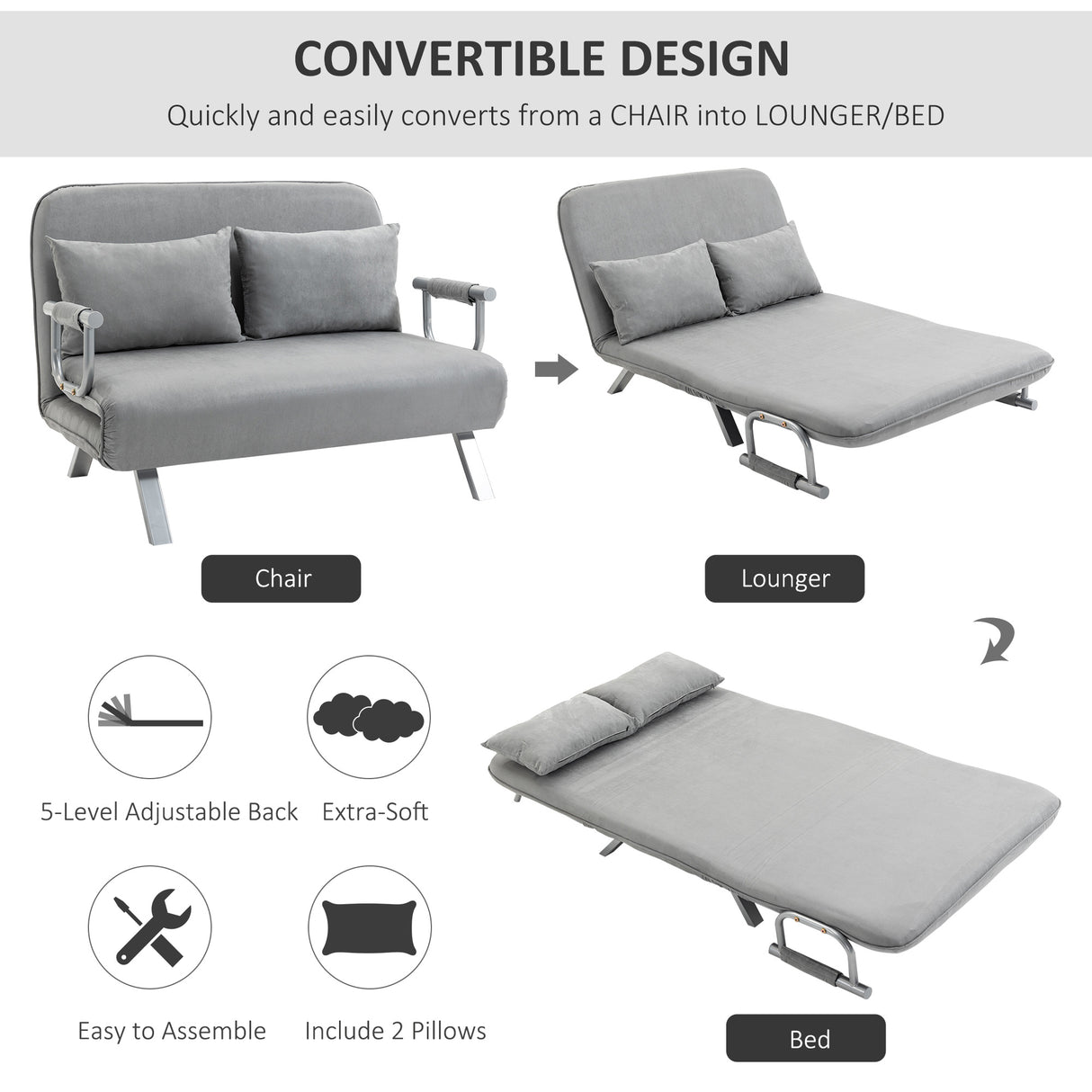 Polyester Fabric 2 Seater Sofa Bed 111cm Wide - Velmora