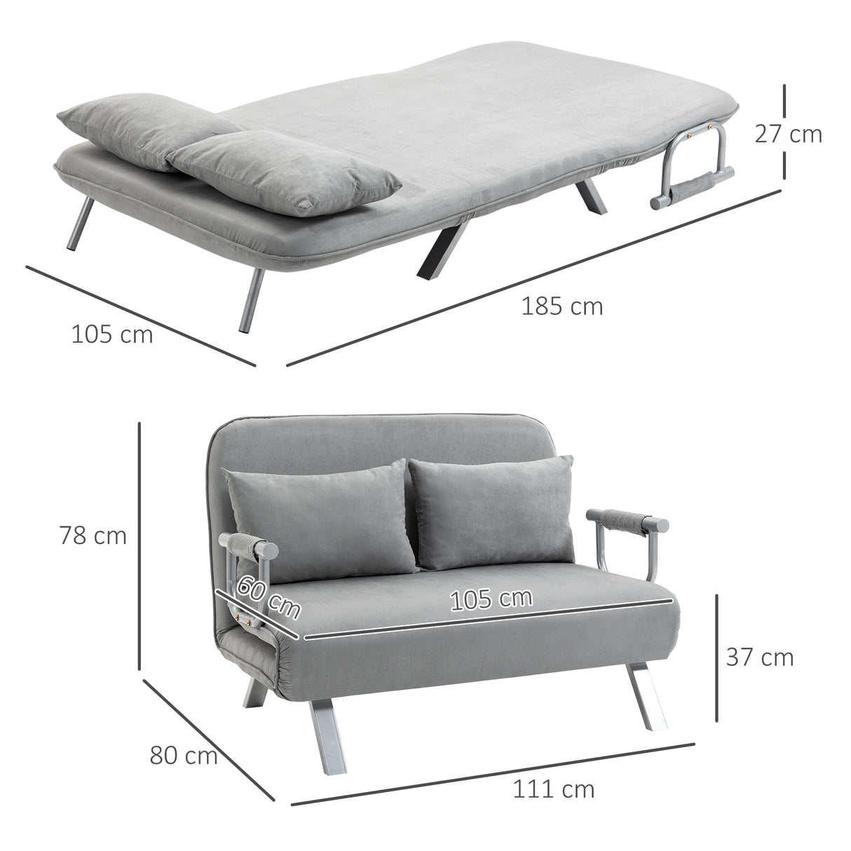 Polyester Fabric 2 Seater Sofa Bed 111cm Wide - Velmora