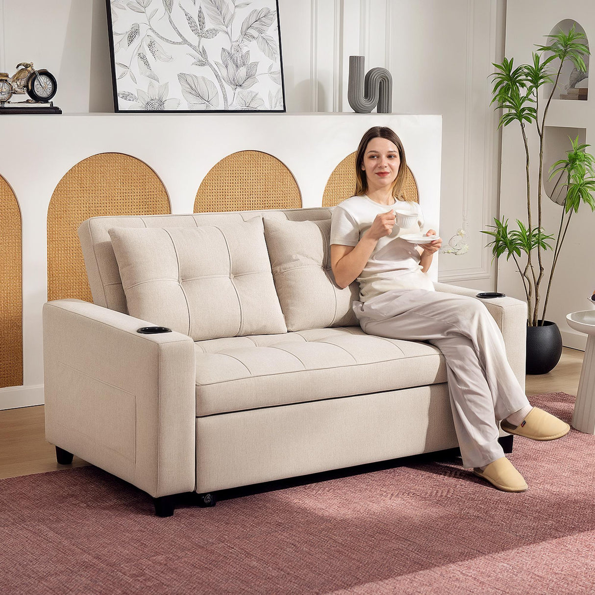 Polyester Fabric 2 Seater Sofa Bed 157cm Wide With 2 Pillows - Velmora