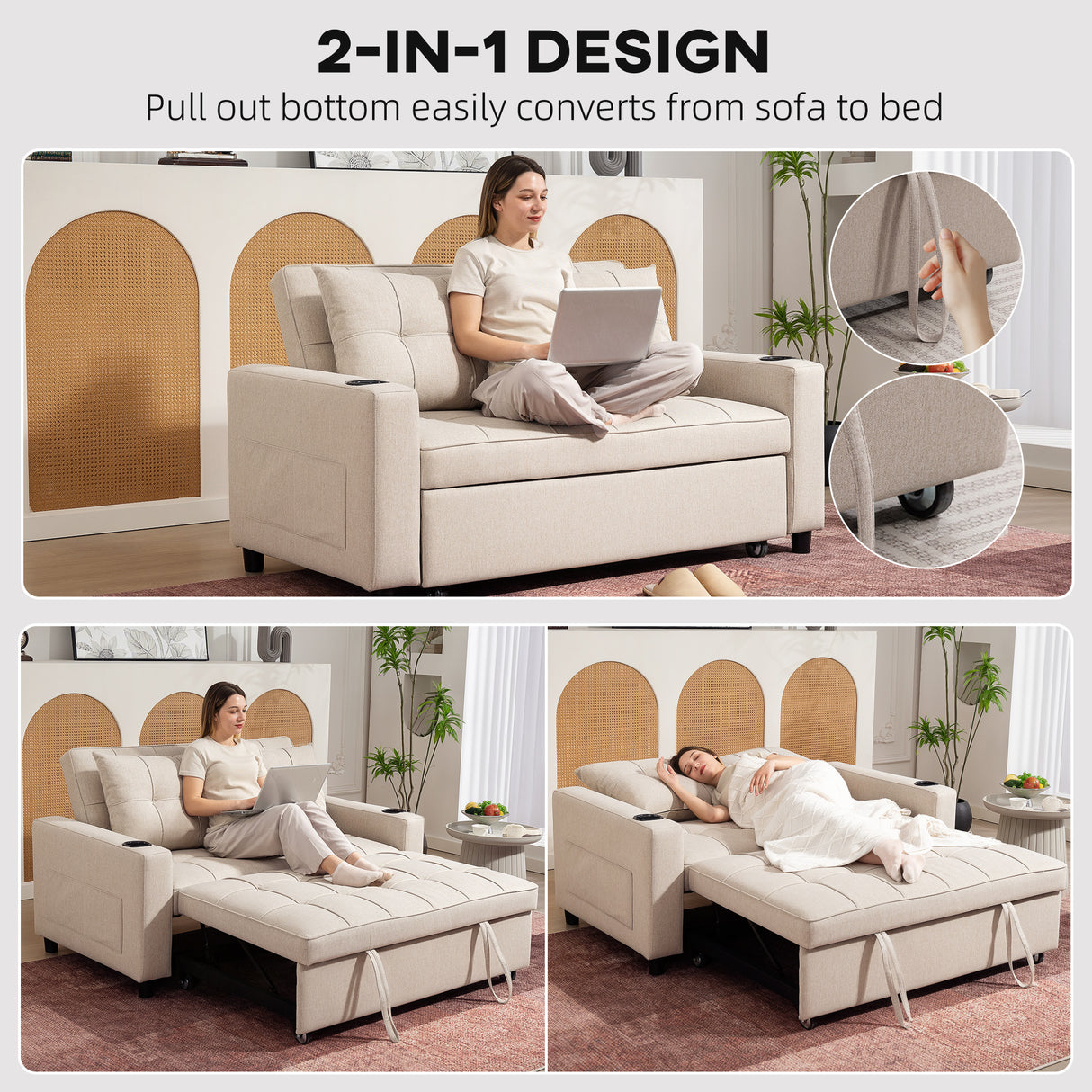 Polyester Fabric 2 Seater Sofa Bed 157cm Wide With 2 Pillows - Velmora