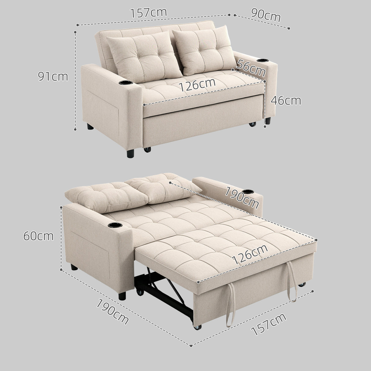 Polyester Fabric 2 Seater Sofa Bed 157cm Wide With 2 Pillows - Velmora