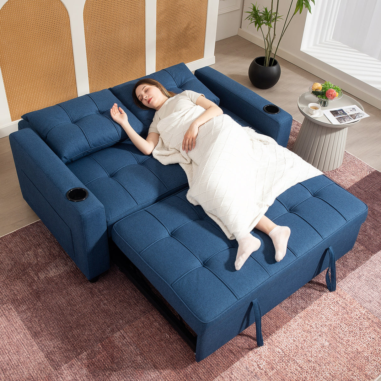 Polyester Fabric 2 Seater Sofa Bed 157cm Wide With 2 Pillows - Velmora