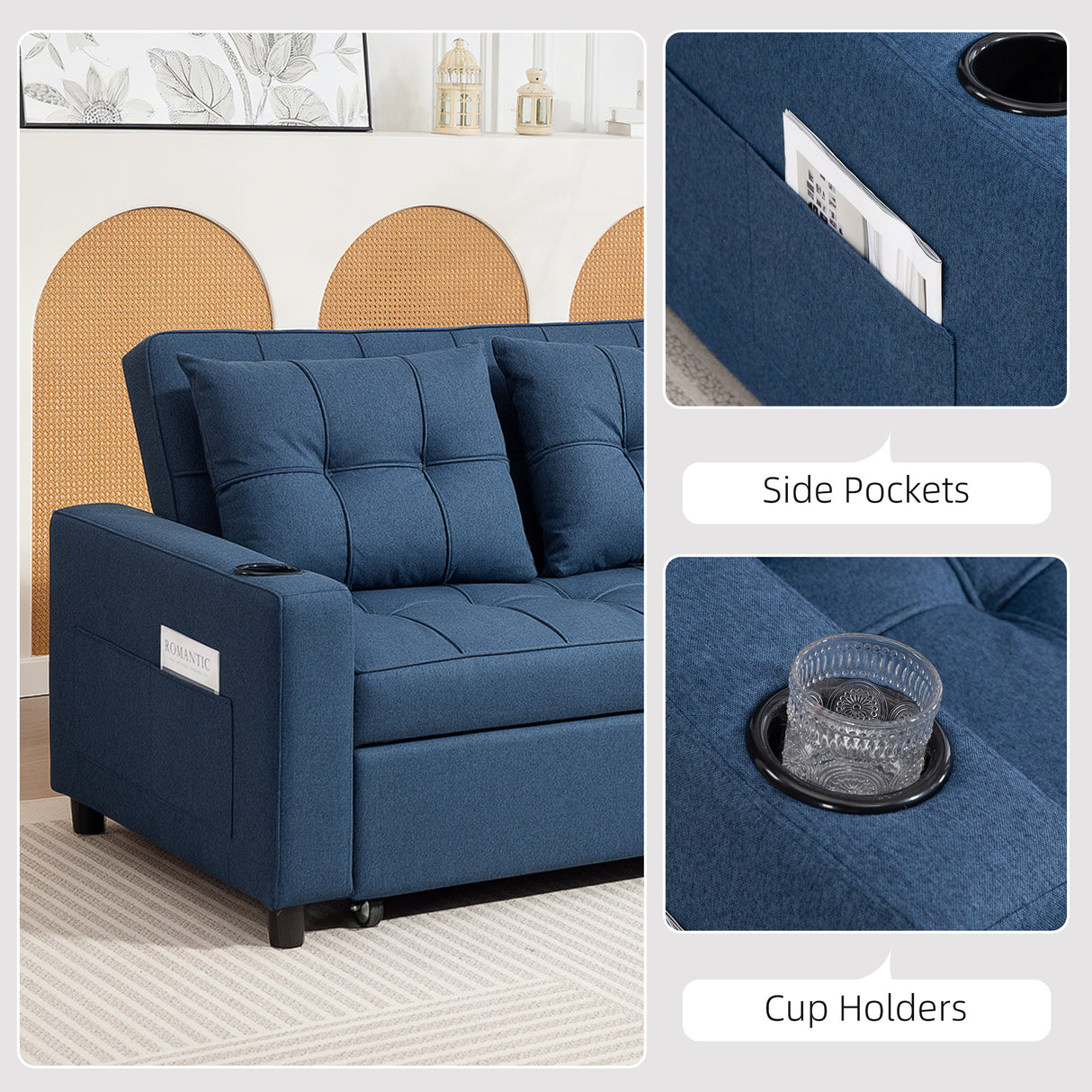 Polyester Fabric 2 Seater Sofa Bed 157cm Wide With 2 Pillows - Velmora