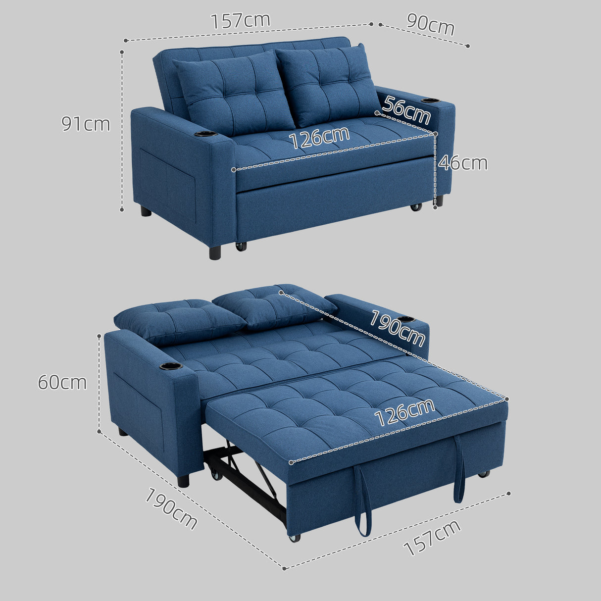 Polyester Fabric 2 Seater Sofa Bed 157cm Wide With 2 Pillows - Velmora