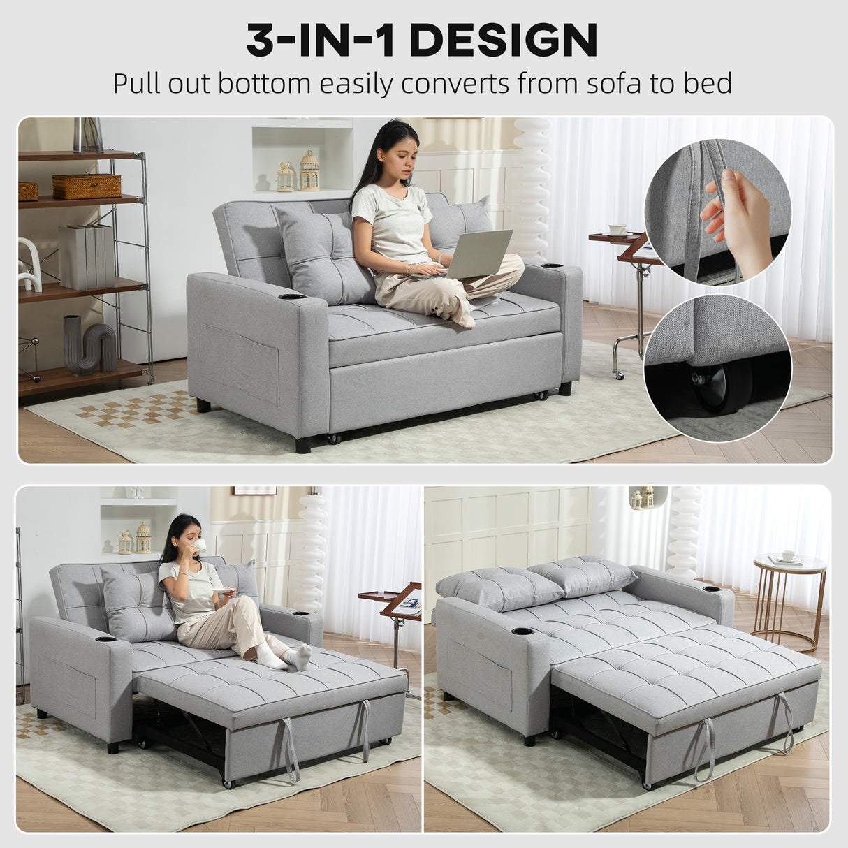 Polyester Fabric 2 Seater Sofa Bed 157cm Wide With 2 Pillows - Velmora