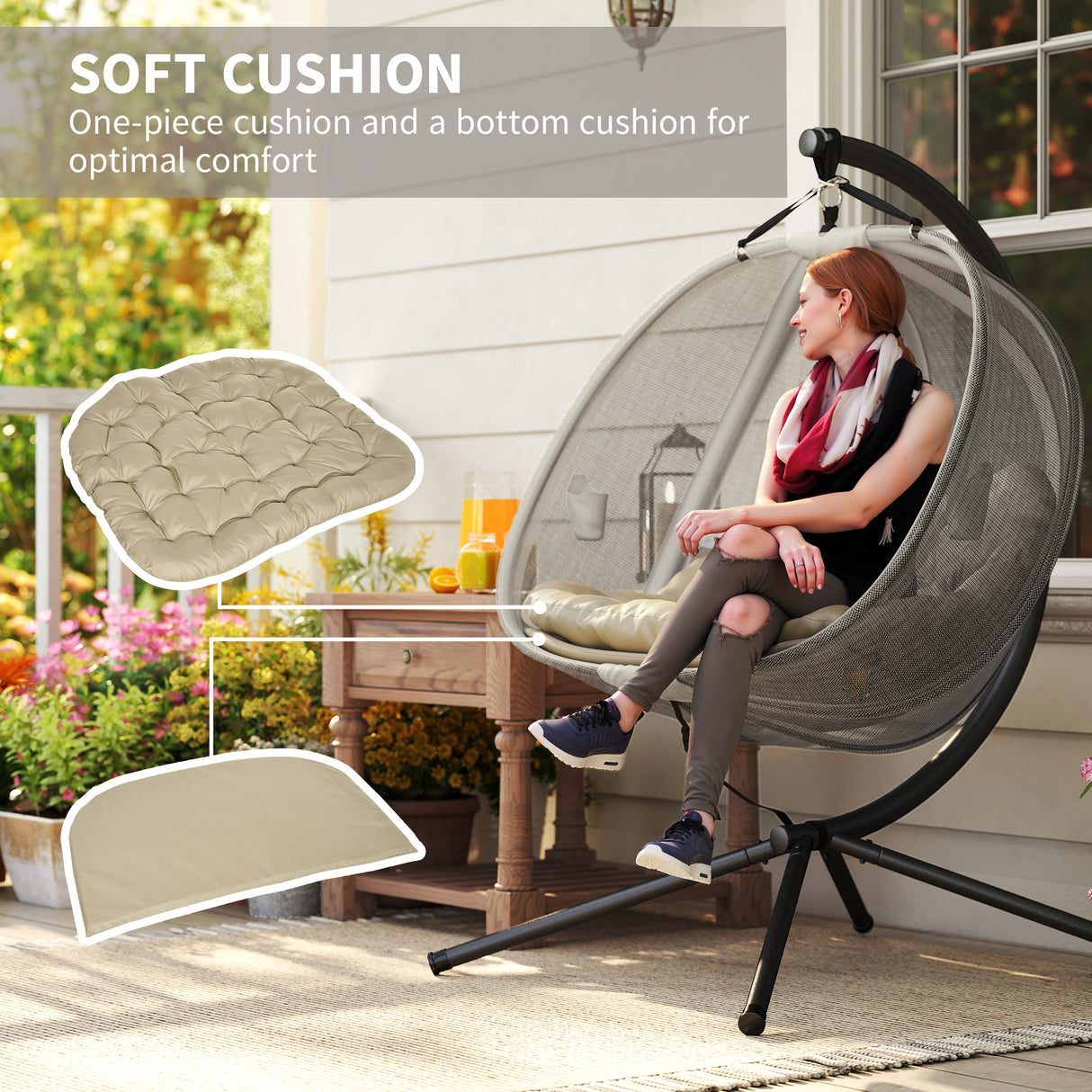 Polyester Fabric Folding Double Egg Swing Chair With Stand And Cushion - Velmora