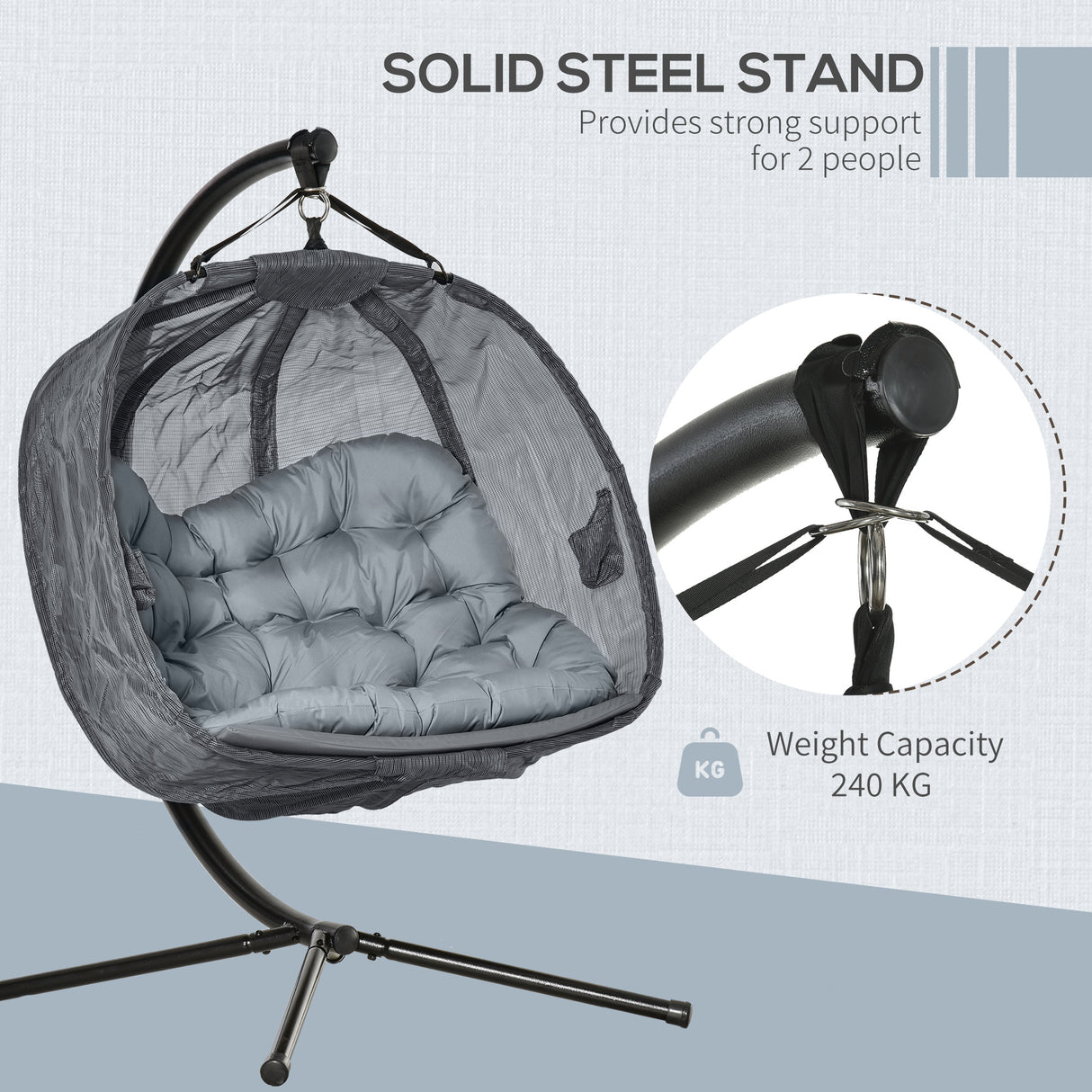 Polyester Fabric Folding Double Egg Swing Chair With Stand And Cushion - Velmora