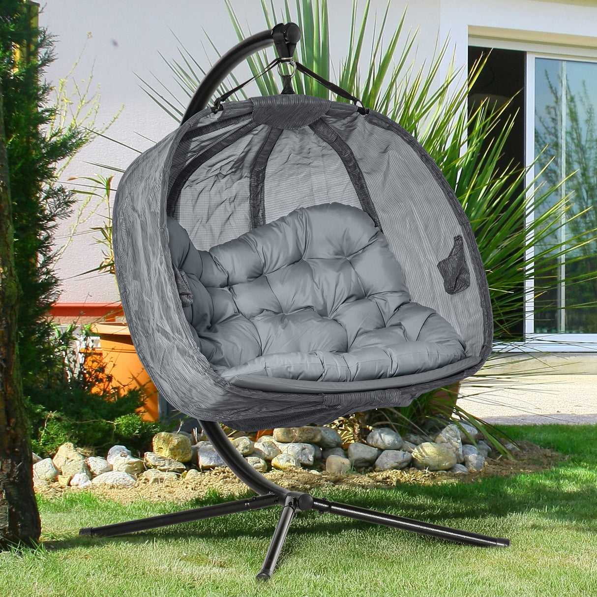 Polyester Fabric Folding Double Egg Swing Chair With Stand And Cushion - Velmora