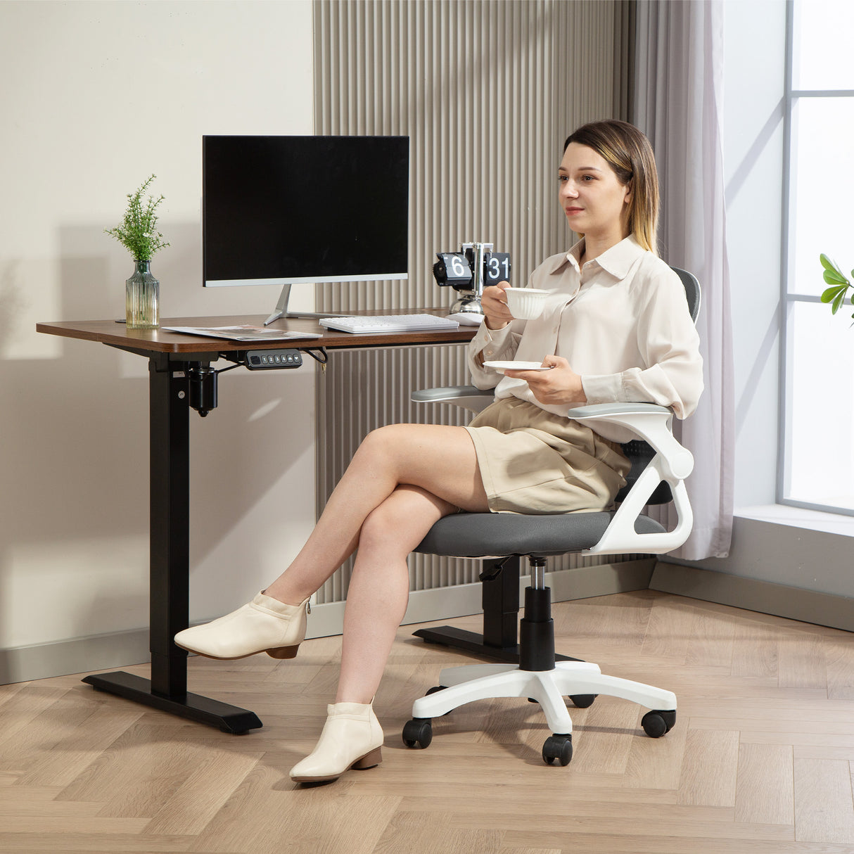 Polyester Fabric Home And Office Chair 57.5cm Wide With Flip Up Armrest - Velmora