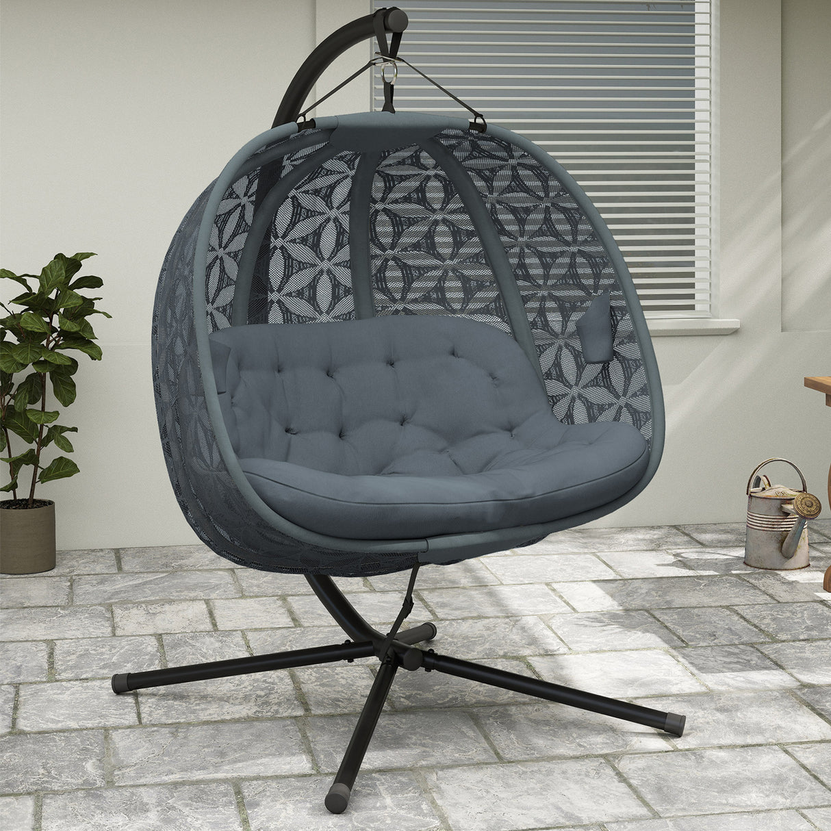 Polyester Fabric Outdoor Double Hanging Swing Chair With Cushion - Velmora