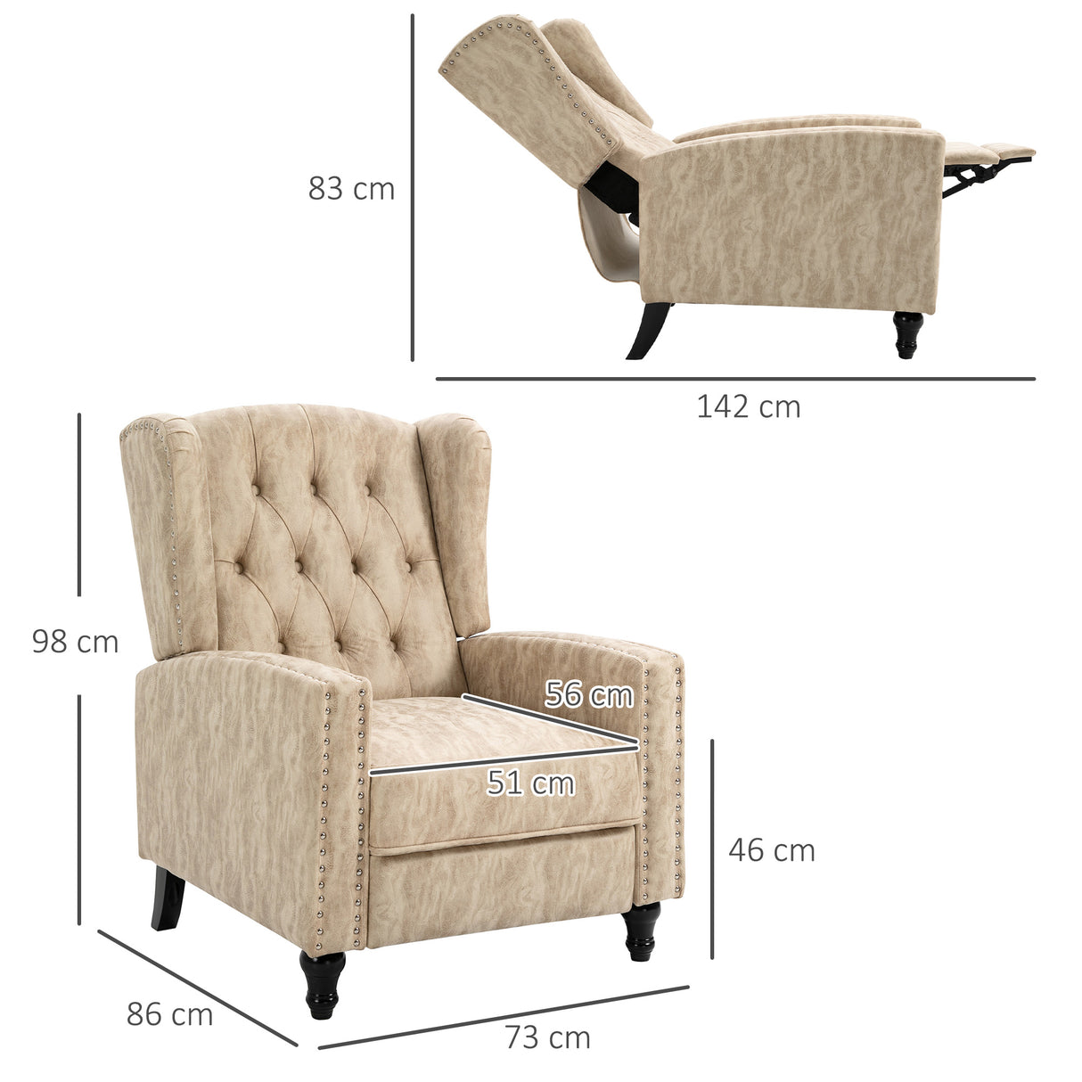 Polyester Fabric Reclining Armchair 73cm Wide - Velmora