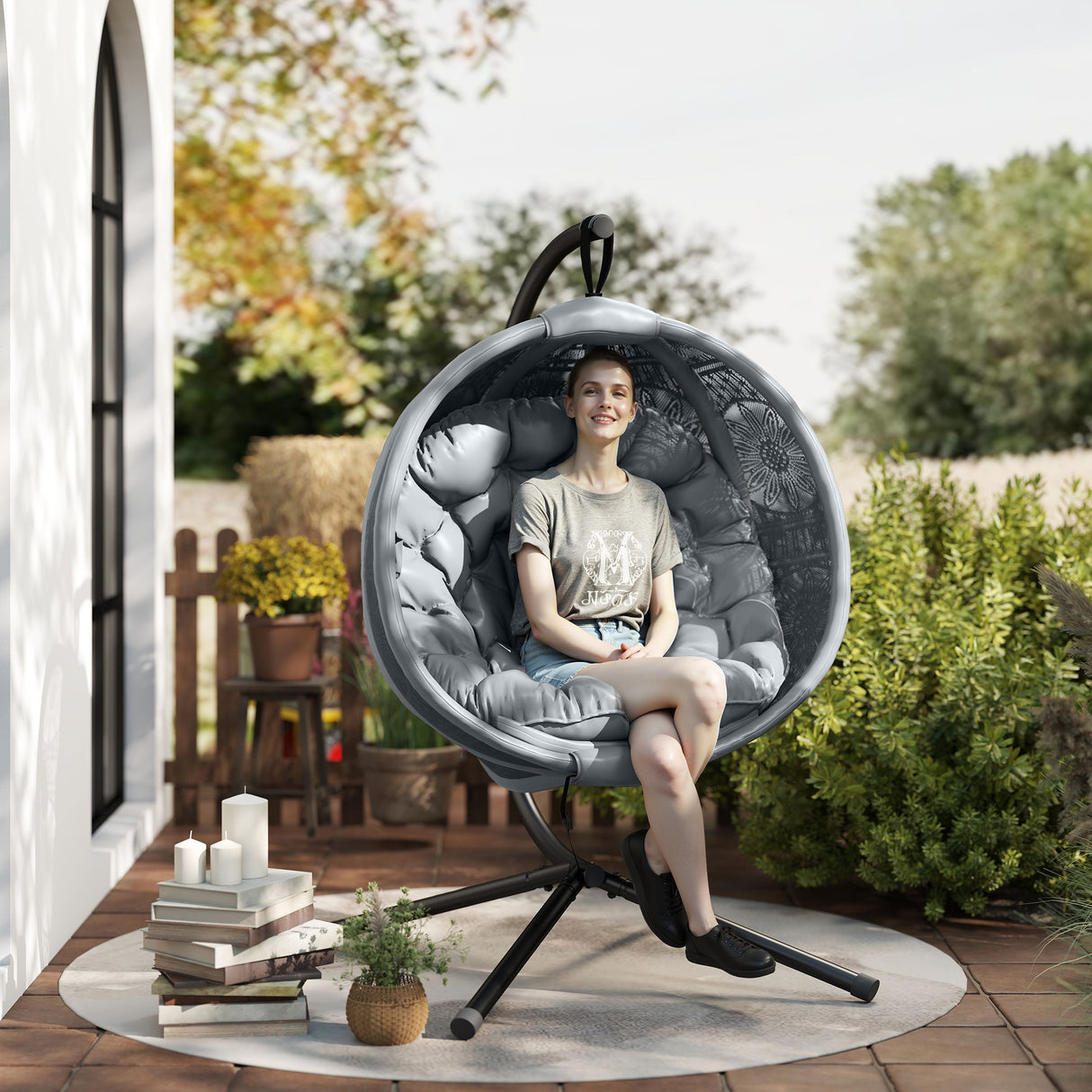 Polyester Fabric Round Egg Basket Swing Chair With Steel Stand - Velmora