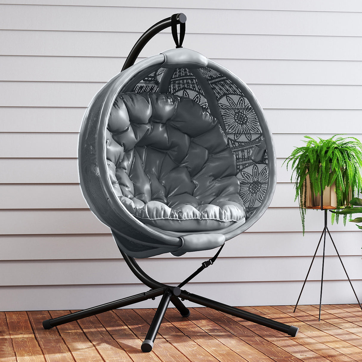 Polyester Fabric Round Egg Basket Swing Chair With Steel Stand - Velmora