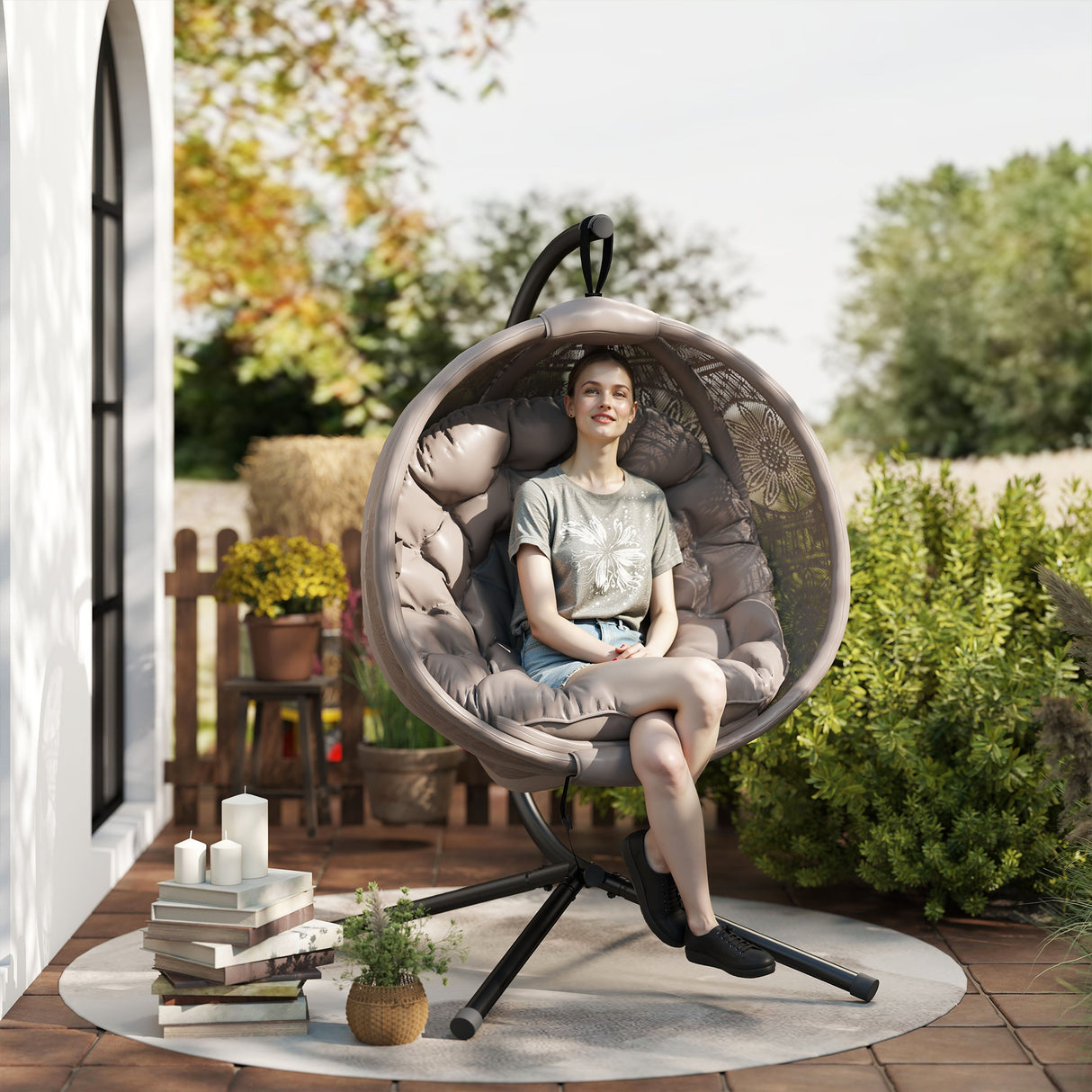 Polyester Fabric Round Egg Basket Swing Chair With Steel Stand - Velmora