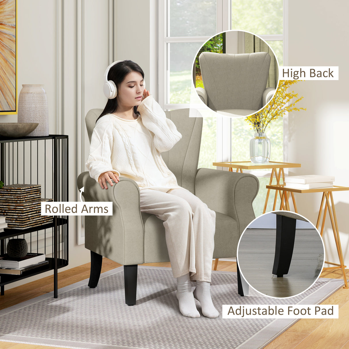 Polyester Fabric Upholstered Accent Chair With Rolled Arms 80cm Wide - Velmora