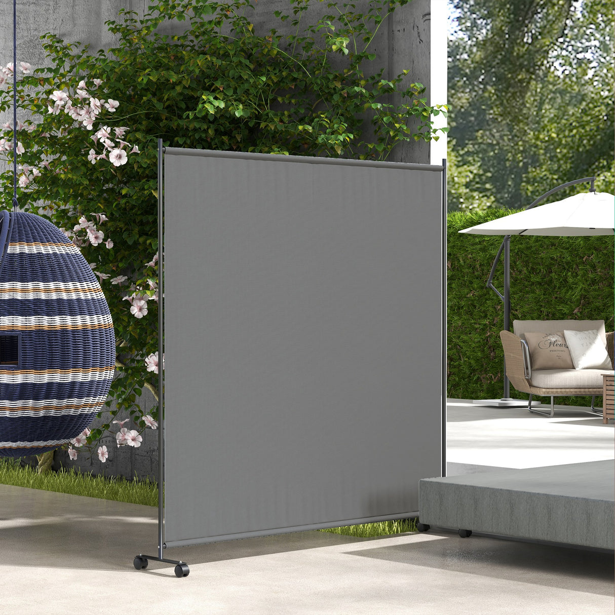 Polyester Garden Privacy Screen With Metal Frame And Wheels 183cm Wide - Velmora