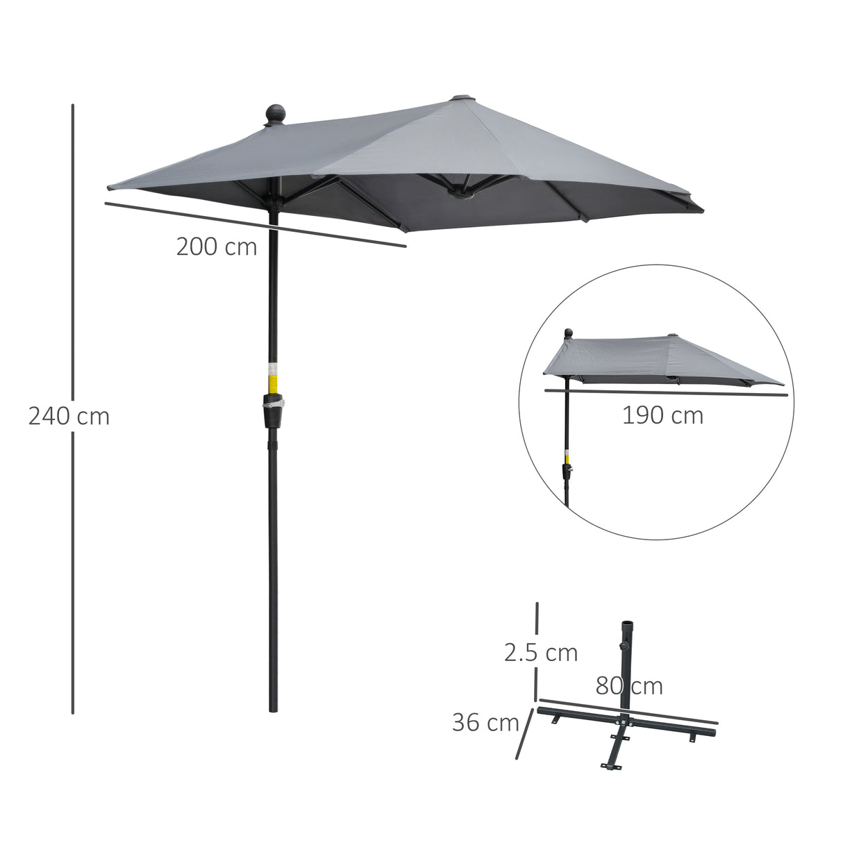 Polyester Half Parasol Umbrella 200cm Wide x 190cm Depth - Velmora