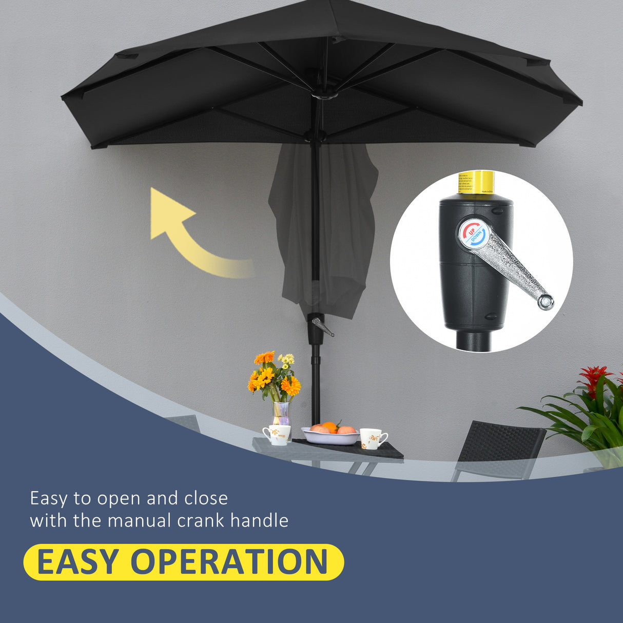 Polyester Half Parasol Umbrella 200cm Wide x 190cm Depth - Velmora