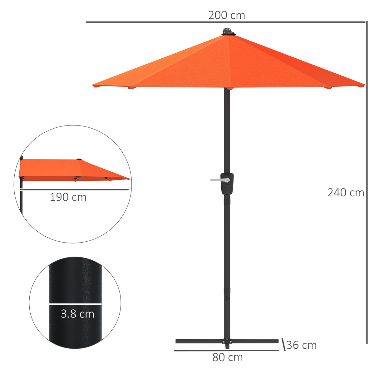 Polyester Half Parasol Umbrella 200cm Wide x 190cm Depth - Velmora