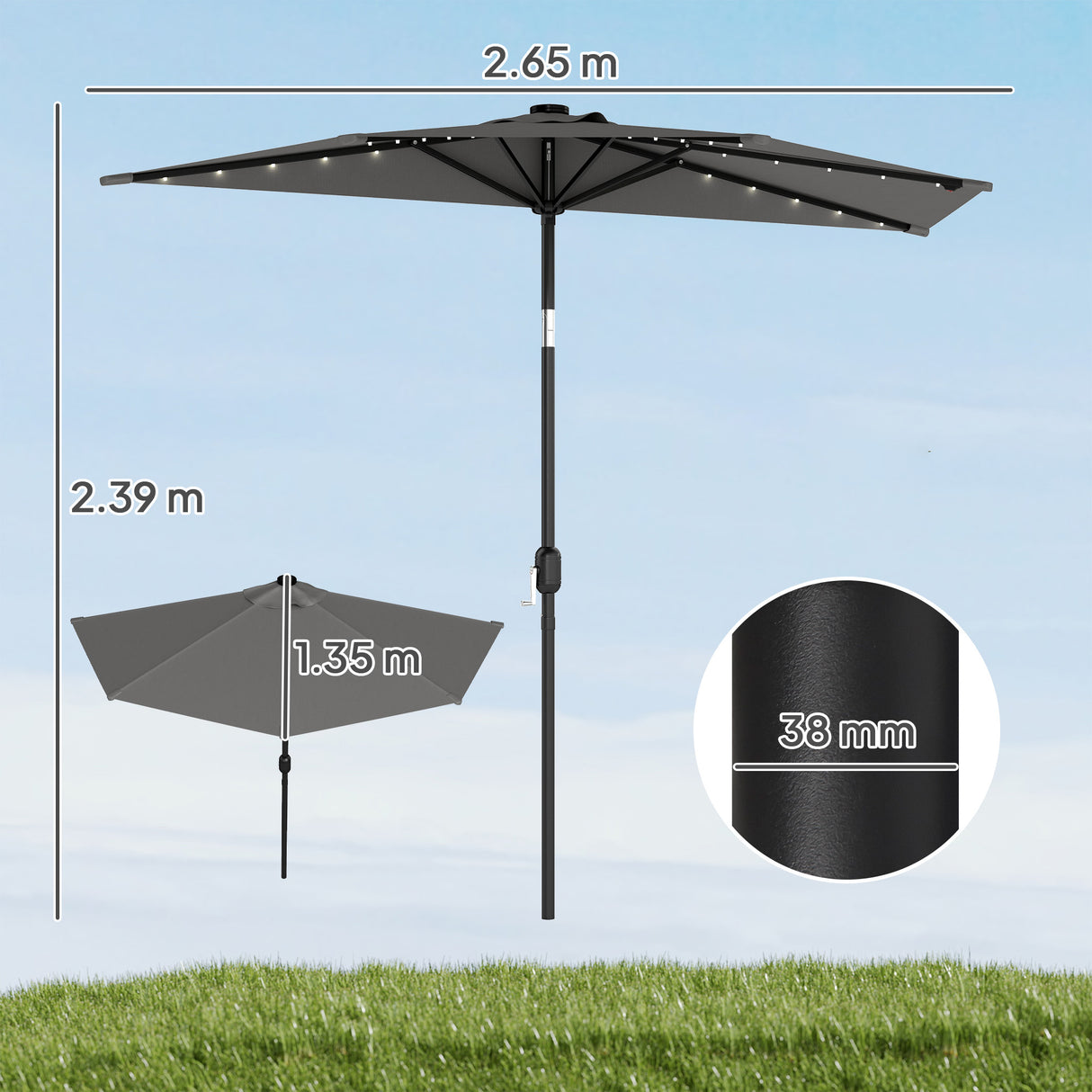 Polyester Half Parasol Umbrella With 25 Solar LED Light 265cm Wide x 135cm Depth - Velmora