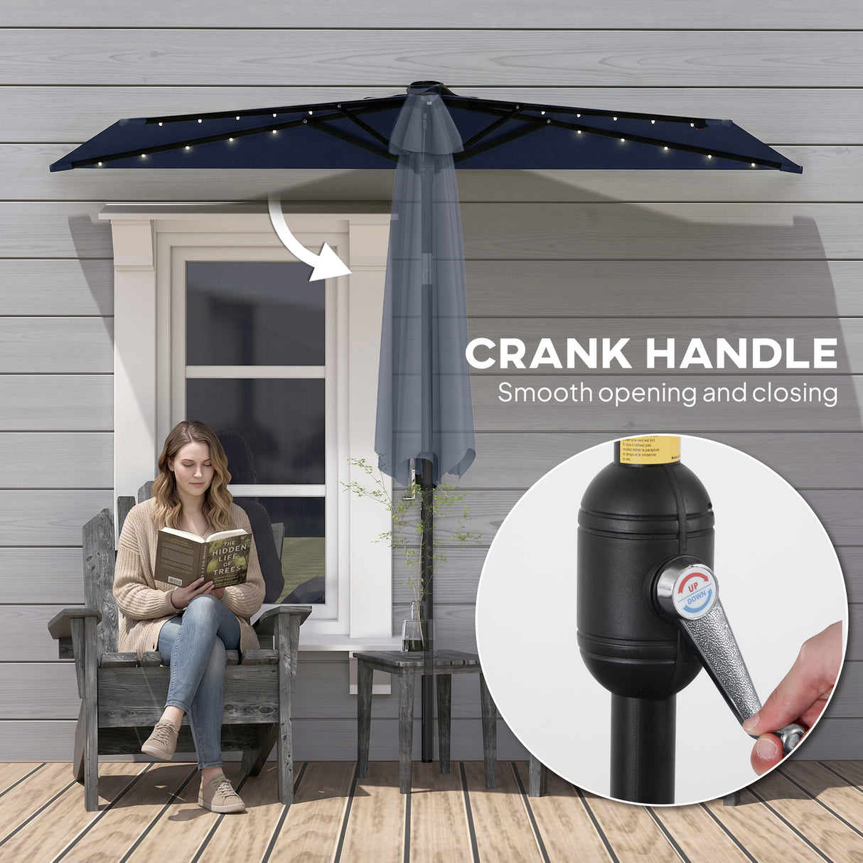 Polyester Half Parasol Umbrella With 25 Solar LED Light 265cm Wide x 135cm Depth - Velmora