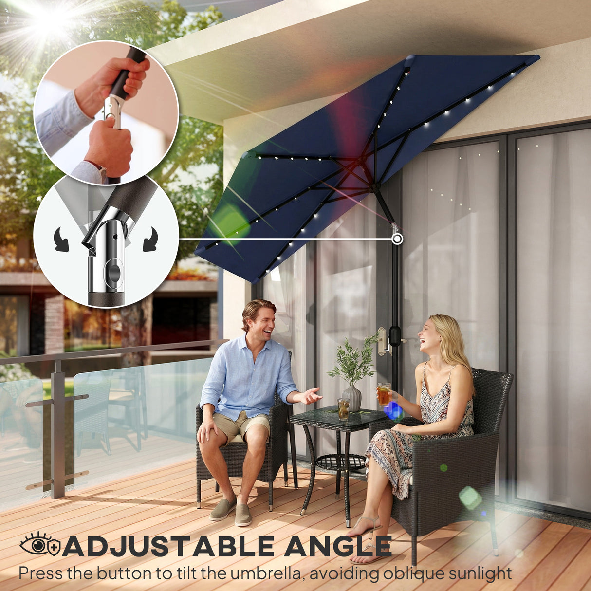 Polyester Half Parasol Umbrella With 25 Solar LED Light 265cm Wide x 135cm Depth - Velmora