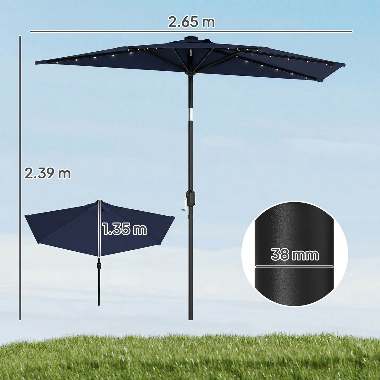 Polyester Half Parasol Umbrella With 25 Solar LED Light 265cm Wide x 135cm Depth - Velmora