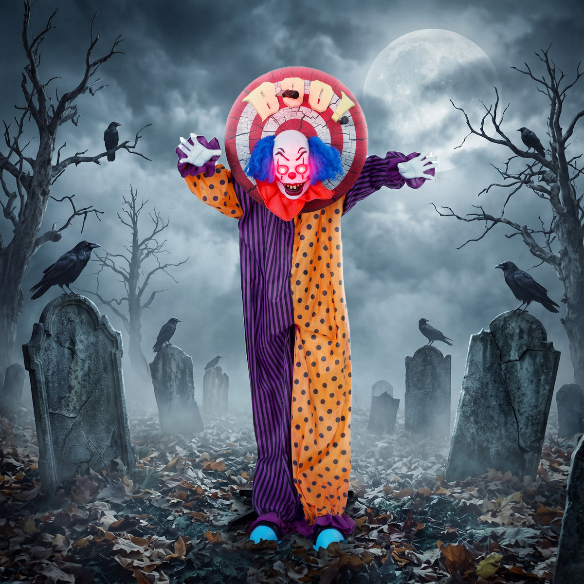 Polyester Halloween Animated Clown 167cm High With Glowing Eyes - Velmora