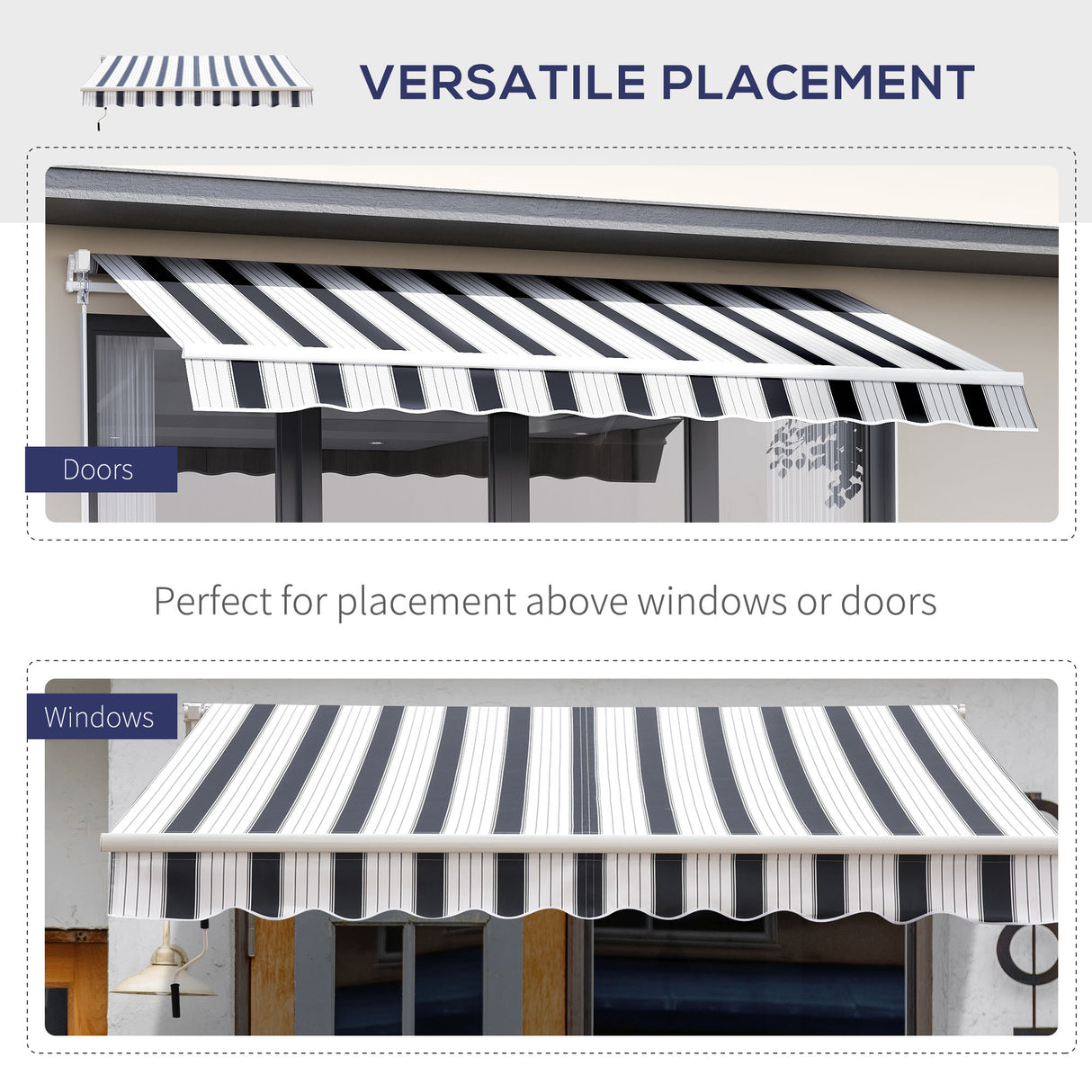Polyester Manual Retractable Awning 250cm Wide x 237cm Depth With White Stripes - Velmora