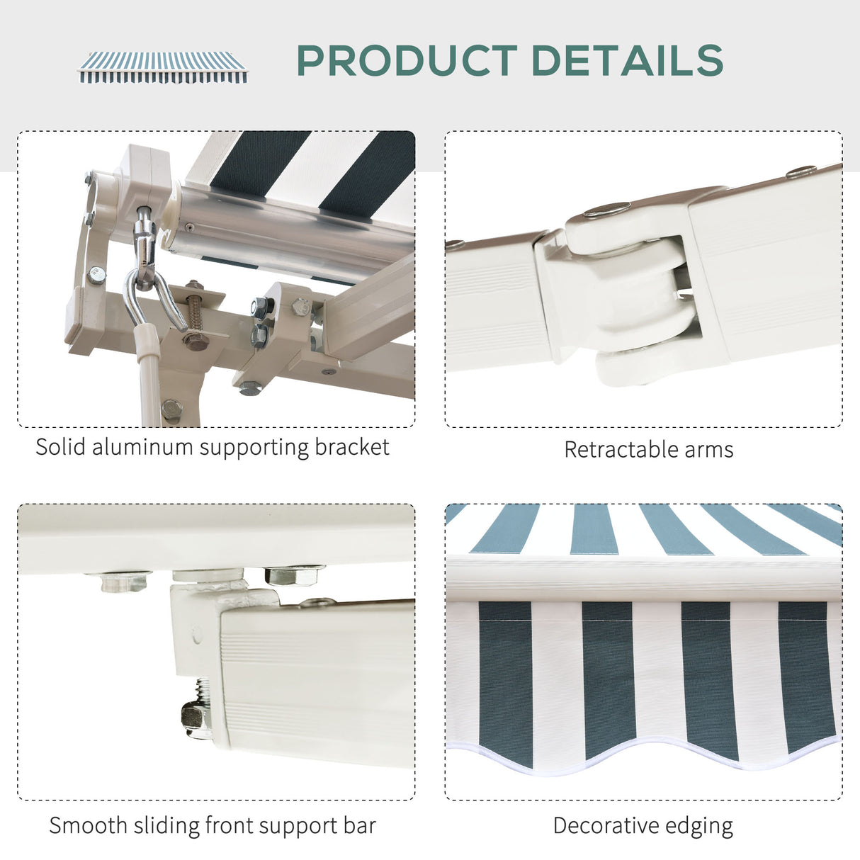 Polyester Manual Retractable Awning 250cm Wide x 237cm Depth With White Stripes - Velmora