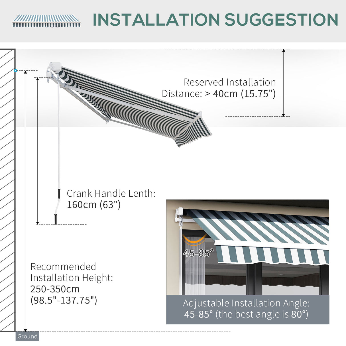 Polyester Manual Retractable Awning 250cm Wide x 237cm Depth With White Stripes - Velmora