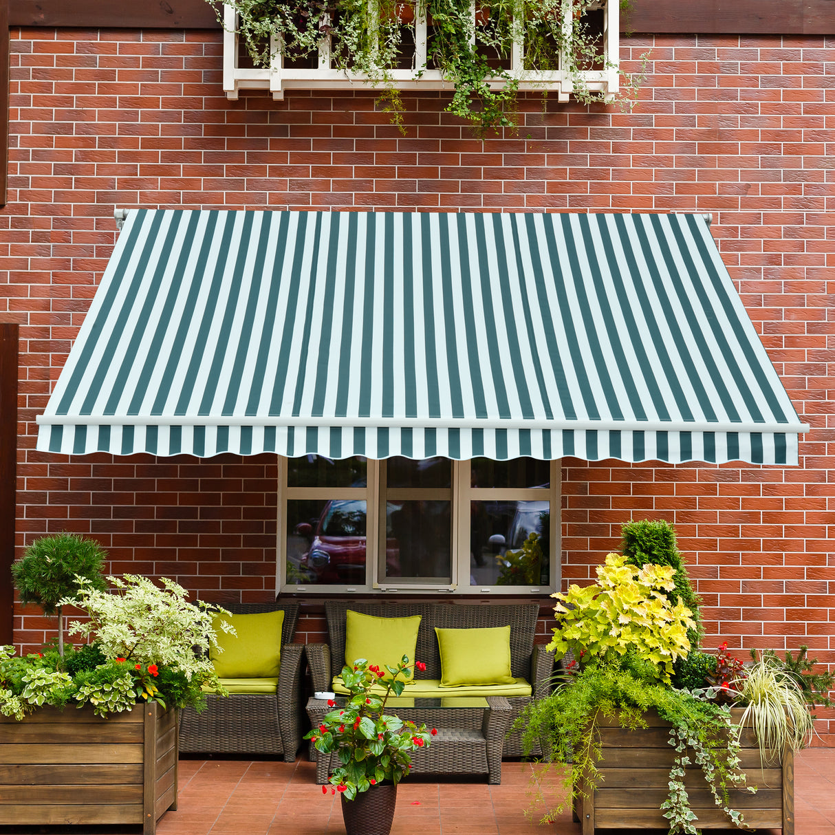 Polyester Manual Retractable Awning 295cm Wide x 250cm Depth With White Stripes - Velmora