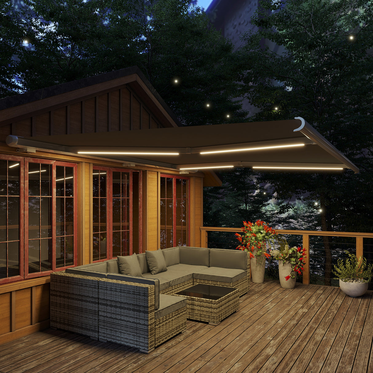 Polyester Manual Retractable Awning With LED Light 395cm Wide x 300cm Depth - Velmora